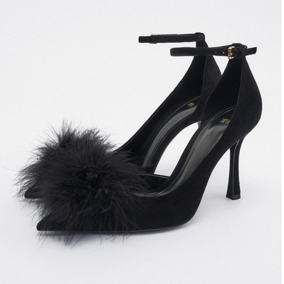 Zara FEATHER TRIM LEATHER HEELS - Picture 2 of 8